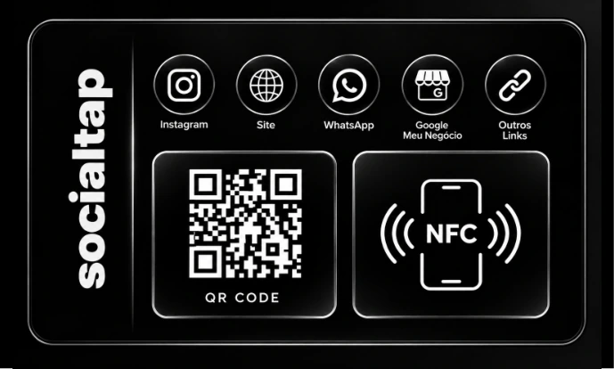 Cartão de visitas digital em PVC com NFC e QR Code Social Tap premium All Black 90 x 54 mm para Linktree, Instagram, WhatsApp e links da bio