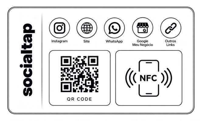 Cartão de visitas digital em PVC com NFC e QR Code Social Tap premium White Black 90 x 54 mm para Linktree, Instagram, WhatsApp e links da bio