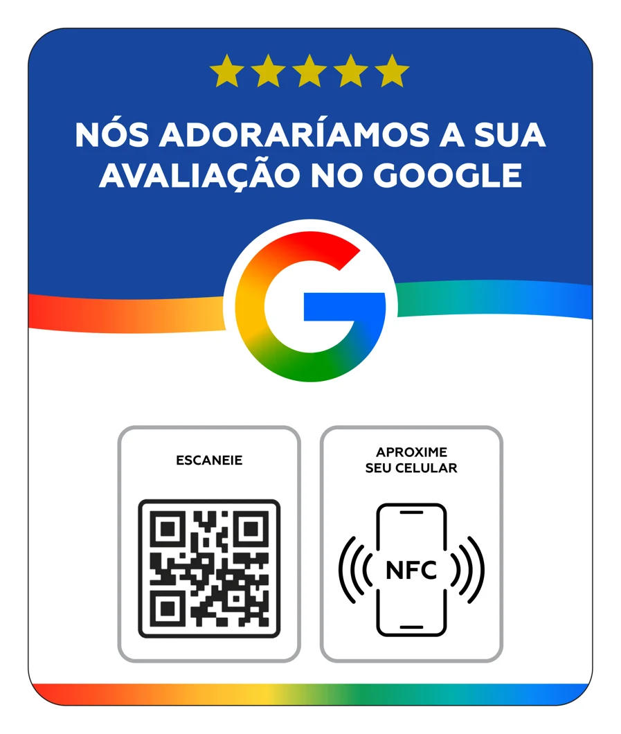 Placa azul de avaliações no Google com QR Code e NFC