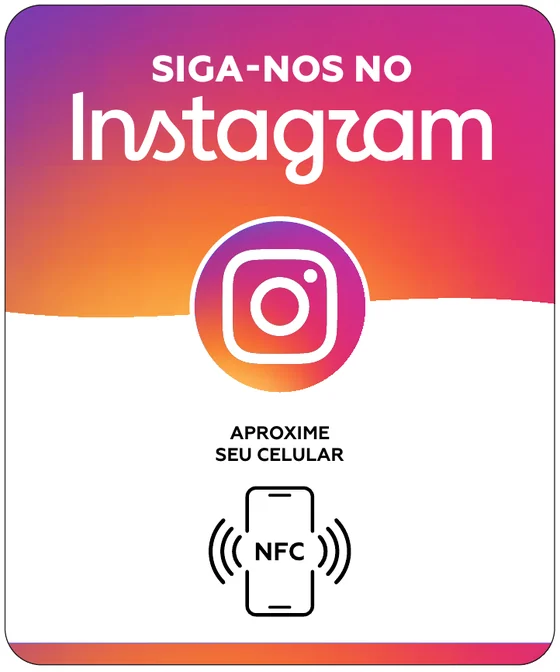 Placa NFC para Instagram Social Tap, arte original colorida com símbolo de aproximação; modelo em PVC