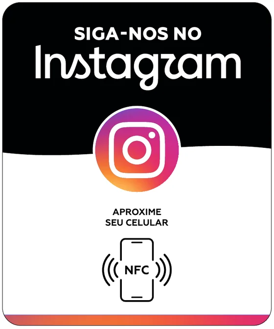 Placa NFC para Instagram Social Tap, arte original preta com símbolo de aproximação; modelo em Acrílico