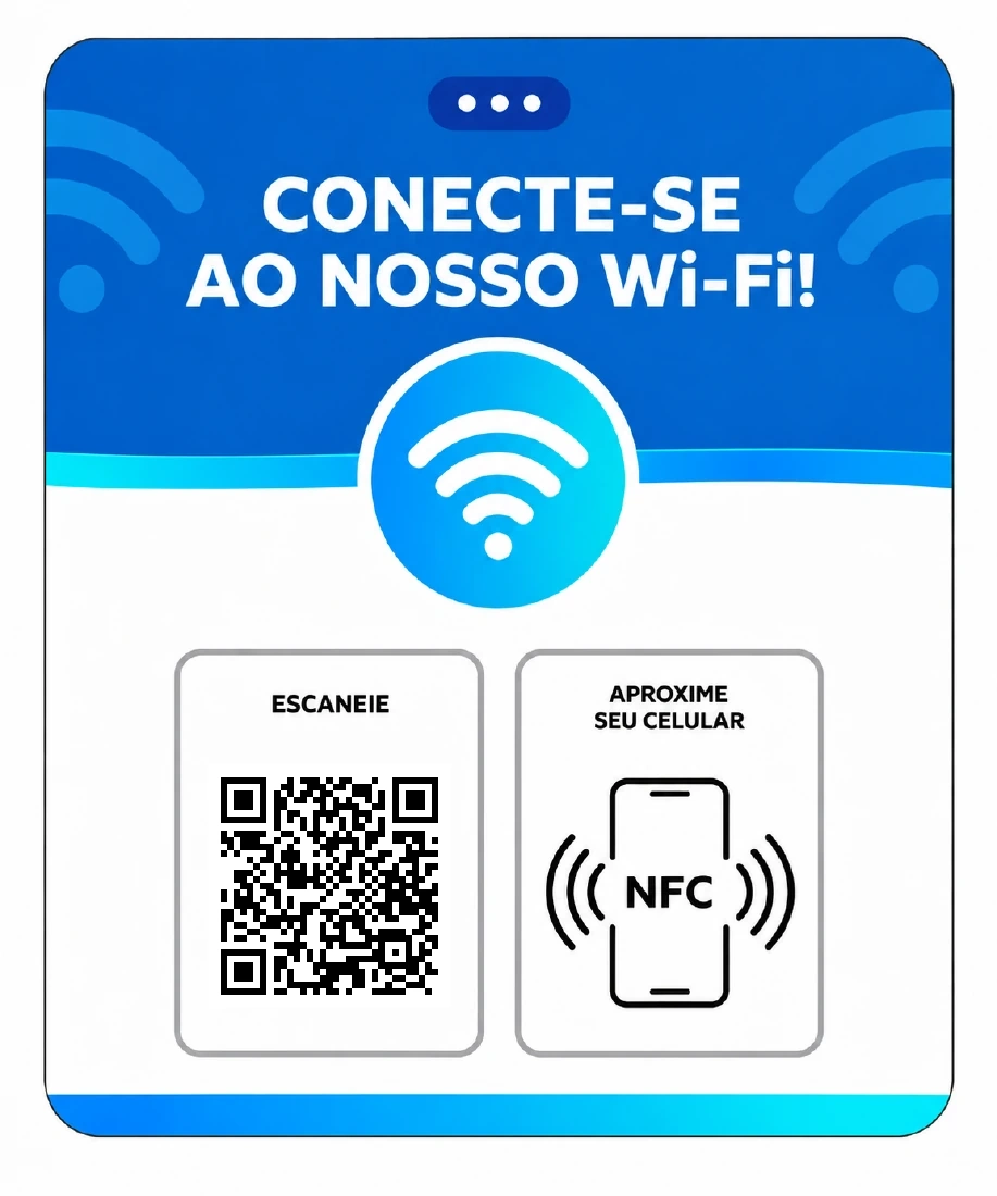Placa Wi-Fi Social Tap azul e ciano em PVC, QR Code e NFC, 10 por 12 centímetros